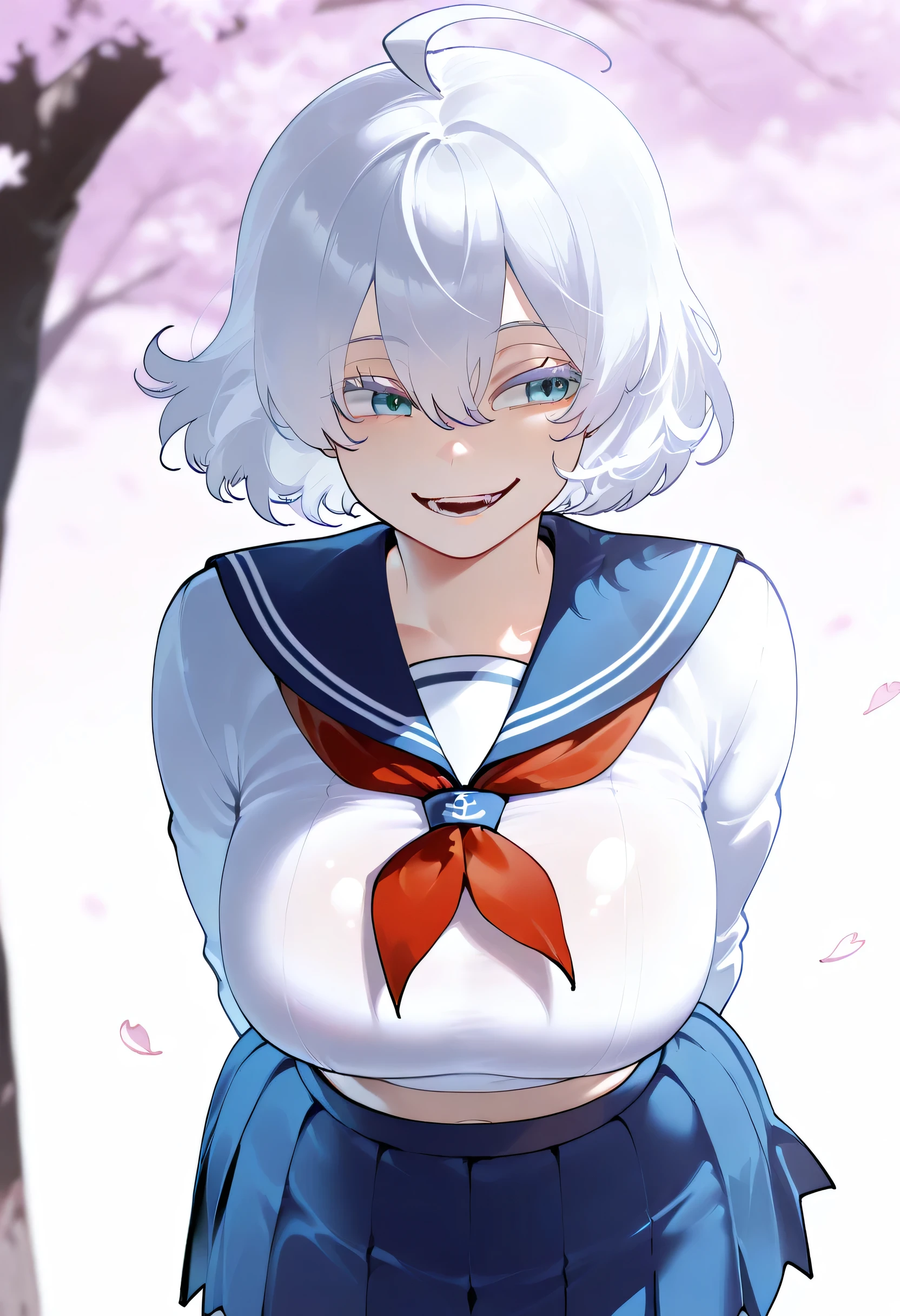masterpiece, best quality, highres, 1girl, solo, short hair, white hair, floating hair, ahoge, hair between eyes, colored eyelashes, aqua eyes, serafuku, sailor collar, (big breasts: 1.4) red neckerchief, shirt, short sleeves, midriff, pleated skirt, blue skirt, arms behind back, leaning forward, smile, cherry blossoms, open mouth, standing
