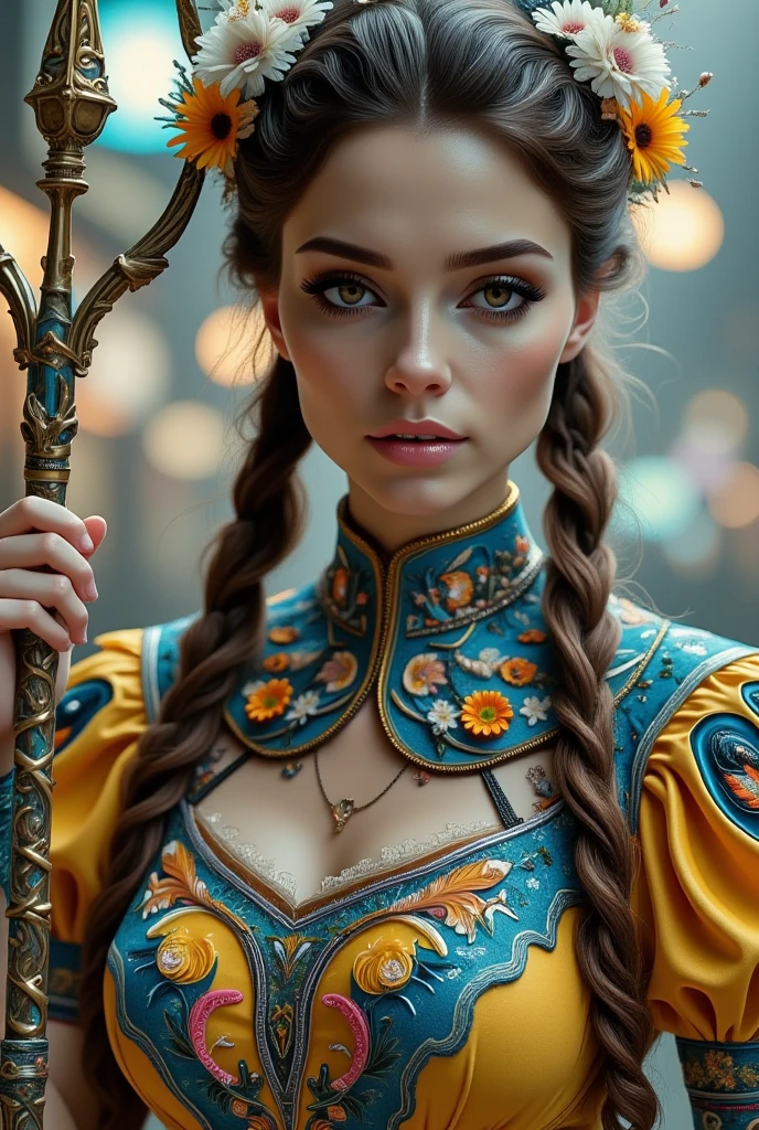  photorealistic image, ( pendant in the form of a trident)  ukrainian woman with very long brown curly hair braided in a long braid, dark eyes ,wreath on the head of daisies . very small breasts ,   ethnic cotton light ,  loose dress in yellow and blue colors with cross stitch . in a rustic retro yard . full height.  dress glows with stripes in cyberpunk style