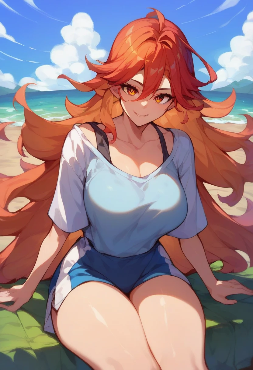 sCore_9,sCore_8_above,Core_7_above,   mavuika-gi  ,  a girl, d cup breasts, alone, long hair, neckline,   big breasts , sky,   looking at spectator  , blue sky, blows, smile, outdoors, cloud,  Body, day,   swimsuit, soft thighs, adult, oversized shirt