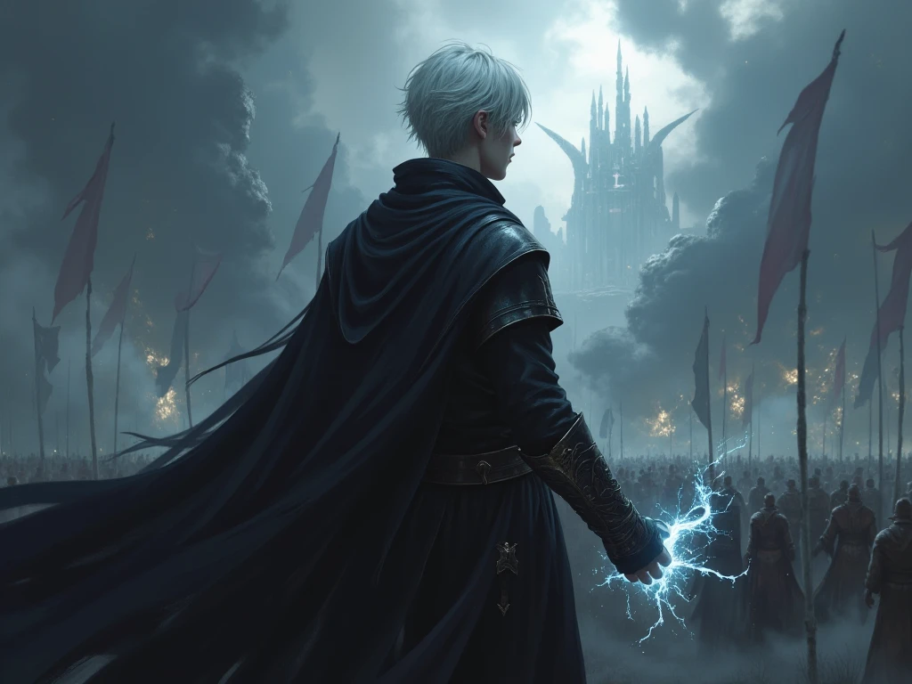 masterpiece, perfect, very detailed, short hair, white hair, shadow, shadow man, man, black clothes, shadow full, shadow full body, shadow full face, little light, white aura, white power on hand, demon, god, long view, light of god, aura, battlefield background, fantasy, super detail, detail, fantastic