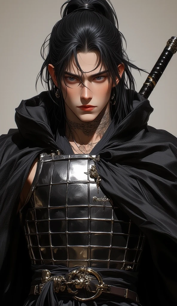  high quality,  8k Ultra HD,  Make a samurai ,   he wears a dark-colored hanfu and a cape ,  he carries two katanas on his back .  He has a serious and hostile face ,  he has tattoos on his neck his skin is brown — dark,  he has a thin beard ,  the samurai is 30 years old he is already a mature man ,  his face is quadricular with marked jaw ,  black eyes , long black loose hair ,  he has a wide body and a thick neck ,  Broad shoulders, an imposing breastplate .   Do a position that shows glory , Choose warm lighting . 