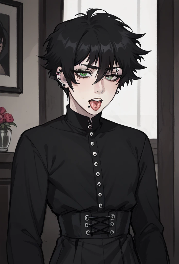 tall male with shaggy black hair, green eyes, fair skin, a Lean build, a smooth voice, slender waist, 180cm tall, 65kgs, wears eyeliner and dresses in black, pretty boy, eyebrow piercing, septum piercing, tongue piercing, Korean, trad goth, rockstar