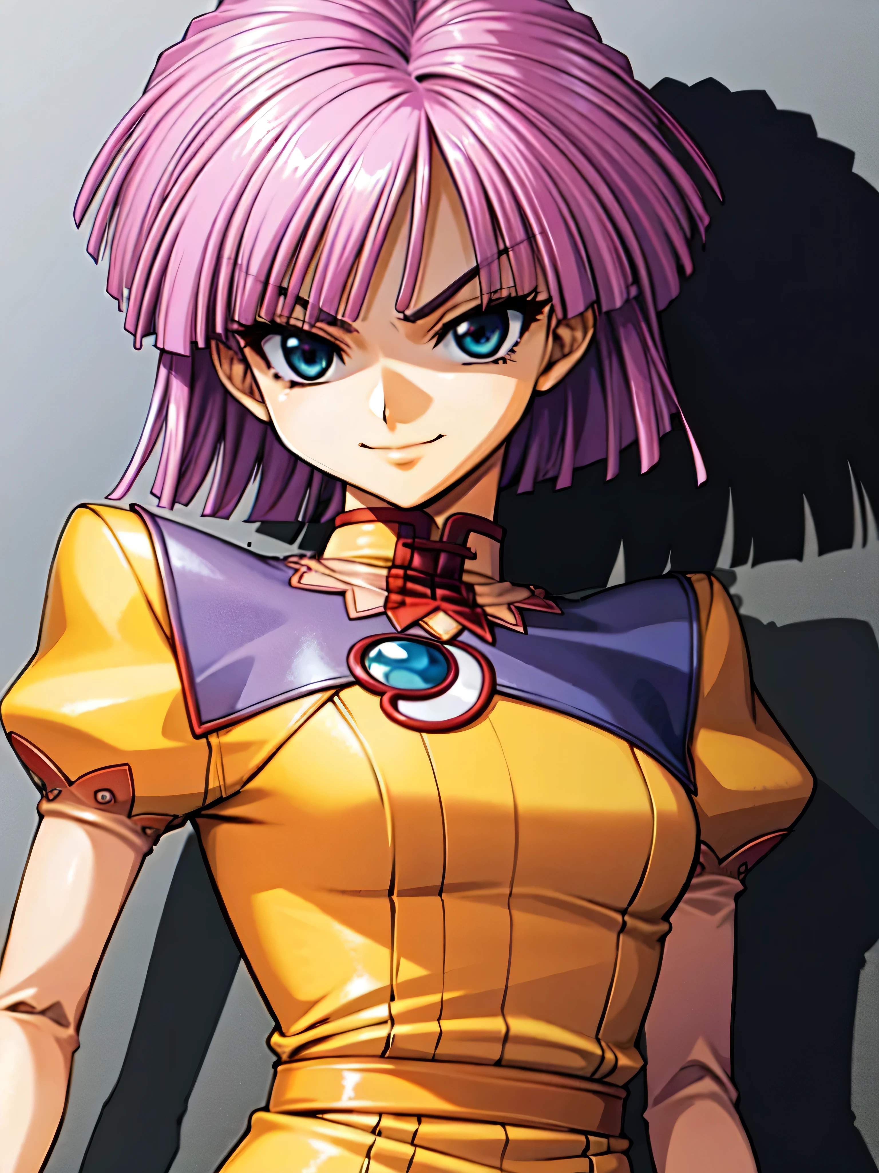 (Highest_4K quality, 8k, high definition , masterpiece: 1.2), Super details,from_Down,(_ screen capture ),( One Girl ,alone),, Bob short hair ,,, viewers of the pin, upper body,,,,,,,( Details), , , High Quality , very detailed, perfect face,,shaded face (Eyes in the Shadows),too evil smirk,yellow clothes,from below,looking down at viewer,,looking at viewer,