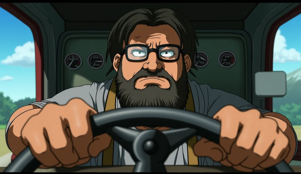 Trucker ,  close up of the cockpit on the steering wheel side,  you can see his hand on the steering wheel ,  you can see his face ,  he has a round face , It's fat,  he has an unkempt beard and glasses, short black hair, Miyazaki style 