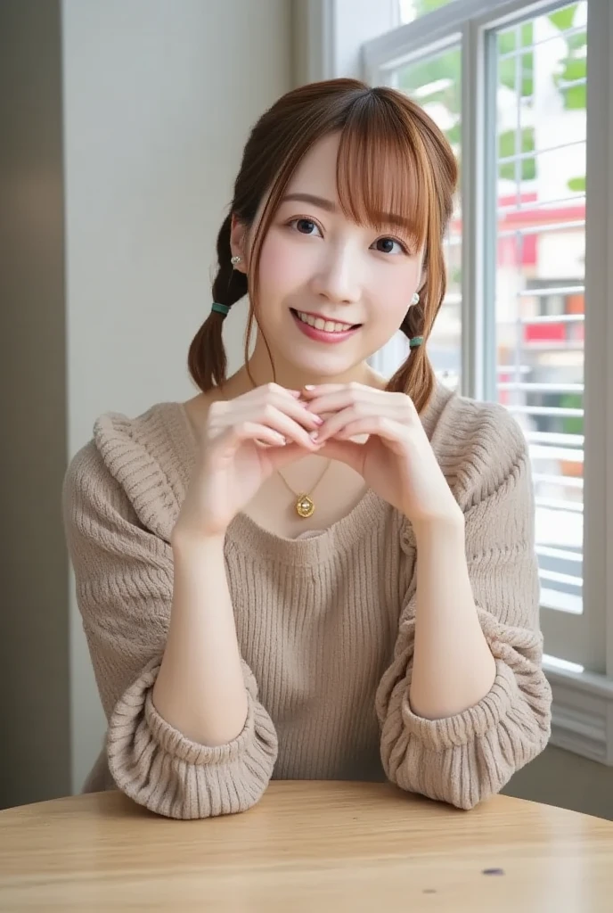  make a heart shape with both hands,NFSW、 table top、Masterpiece、 1 girl、( face close-up、 cowboy shooting)、 front view、 Japanese 、 Very young and pretty woman、(  cutest girl in the world  )、 student、Makes your face smaller、 big, plump chest、Autumn knit jacket、Transparent inside、 chiffon skirt 、超 Detailsなコスチューム、Smile at the cafe、scrunchie 、 thin due to small things necklace、Glamorous Appearance、  SUPER CUTE FACE  、 glossy lips、 double eyelids 、  natural cosmetics、 long lashes、 shiny smooth light brown hair、bangs、Short hair in twin tails、非対称のbangs、【Image Center、 8k resolution、 Details、  Detailsヘアスタイル、 Detailsな顔、 Great Movie Lighting 、 octane rendering、 vibrant、 surreal、 Perfect Limbs 、 Complete anatomy