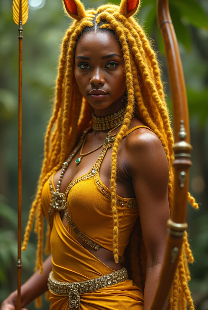 Eilleure quality, masterpiece, upper body, (adult:1.6) West Indian woman, (smirk:0.4), braided blond hair, emerald eyes, medieval summer dress, floating light particles, centered