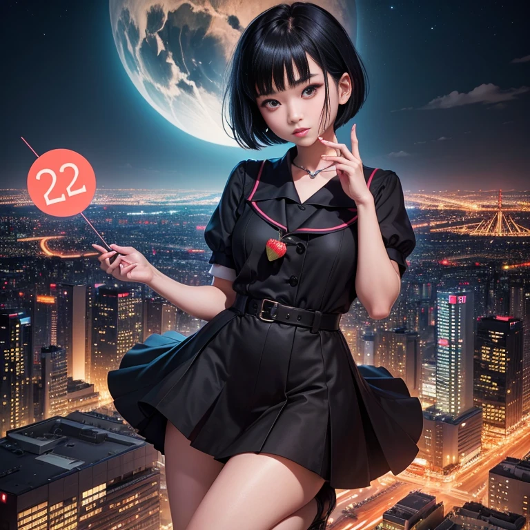 21st-century witch 、Looking at Tokyo at night from the sky 、 looks like a modern high school girl、Having fun、 anatomically correct hand holding a strawberry、 anatomically correct foot、 exact number of fingers 、The costume is a high school uniform 、 floating in the sky 、 black hair、 short bob cut hair 