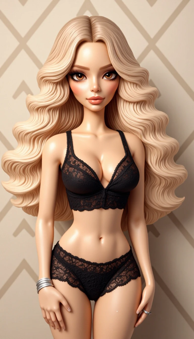 (masterpiece, best quality), perfect slim fit body, thick thighs, wide hips, nice breasts, cameltoe, wavy hair, bracelet, necklace, (black transparent lingerie:1.2), standing pose, big gorgeous eyes, kind smile, parted pink lips, blush, luxury penthouse bedroom, elaborate details, ambient lighting, top pixiv, top artstation
