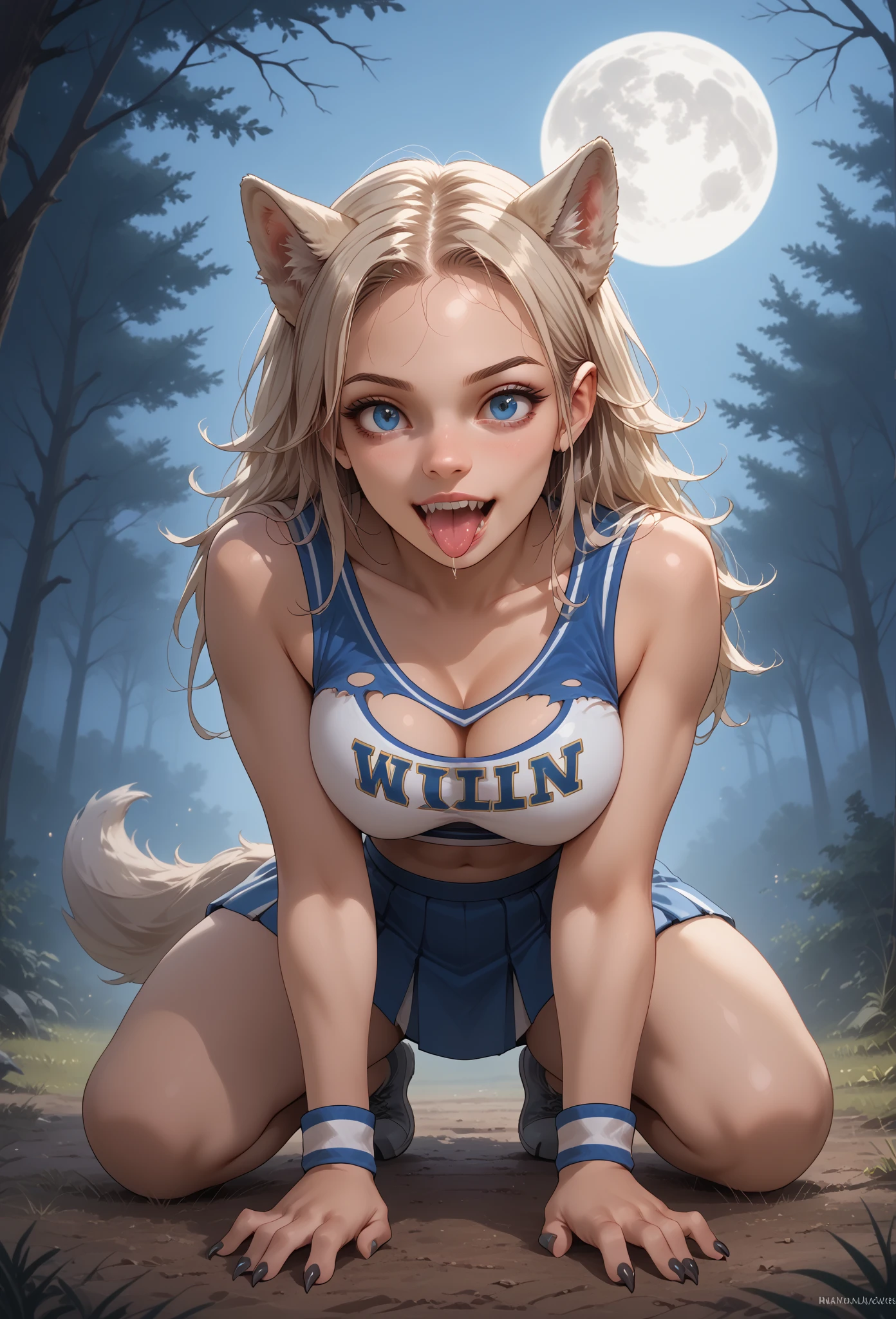 1girl, solo, full-body shot, (transformation:1.5), a sexy cheerleader being transformed into a werewolf. Wolf ears, wolf tail, wolf paws, wolf claws, wolf fur, wolf teeth, wolf tongue, wolf nose, the word "WOLF" on her uniform, laying on her back, ripped clothing, at midnight, under the moonlight, full moon, moonlit forest clearing background, three perfect medium breasts, howling up at the moon, face pushing outward into a wolf muzzle, 1girl, solo