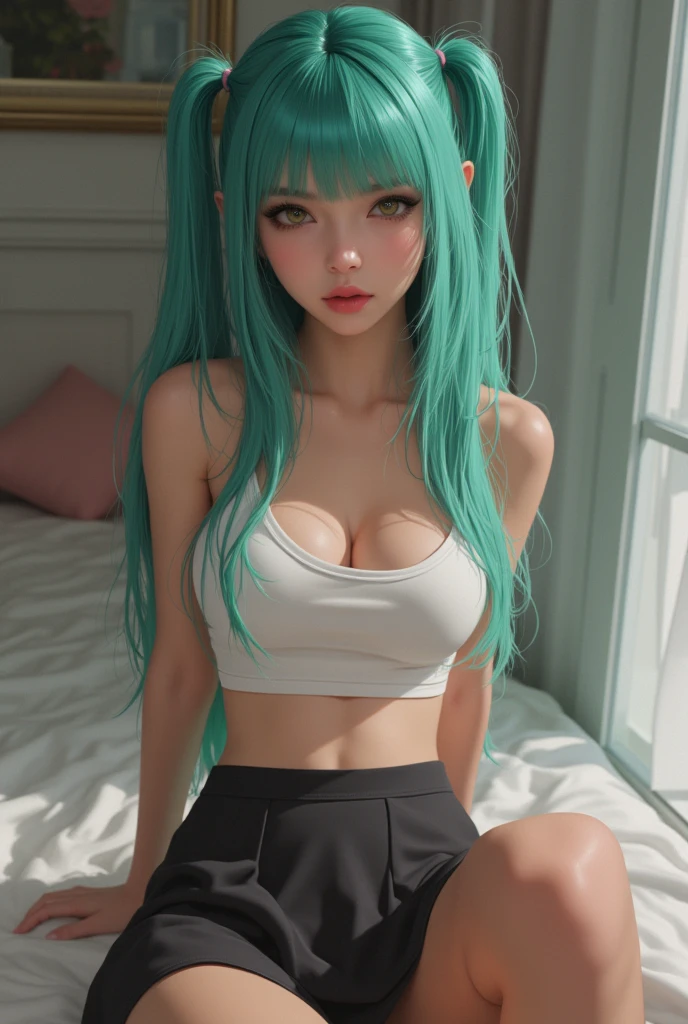 catgirl, teal-green cat ears,best quality,ultra-detailed,photorealistic,artistic:1.2,professional,teal-green hair,teal eyes,sexy,seductive,cute,beautiful detailed eyes,beautiful detailed lips,midriff,tummy,oversized t shirt,lace and panty,ponytail,laying,soft lighting,vivid colors