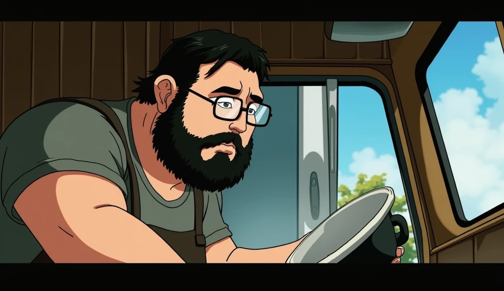 Trucker ,  is in the kitchen and washing dishes,  is wearing an apron ,  wide shot ,  he has a round face , It's fat,  he has an unkempt beard and glasses, brushed hair and black , Miyazaki style 