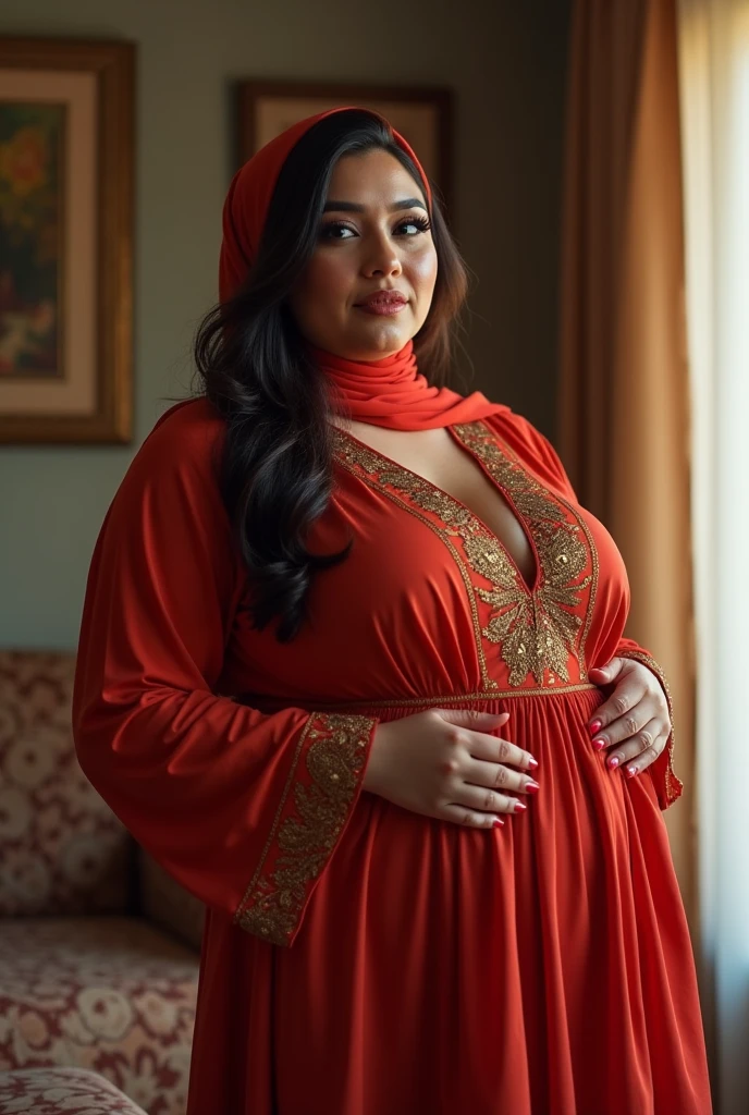 A curvy chubby figure muslim woman stands indoors, near a bed in a room with wooden accents. She is wearing intricate red salwar suit with heart designs and has a gauzy, gold-embroidered shawl draped over her head and shoulders. She has long, manicured nails and wears several pieces of jewelry, including a nose ring, bracelets, and a ring on her finger. The ambient lighting, including a wall lamp, adds a warm glow to the scene.
