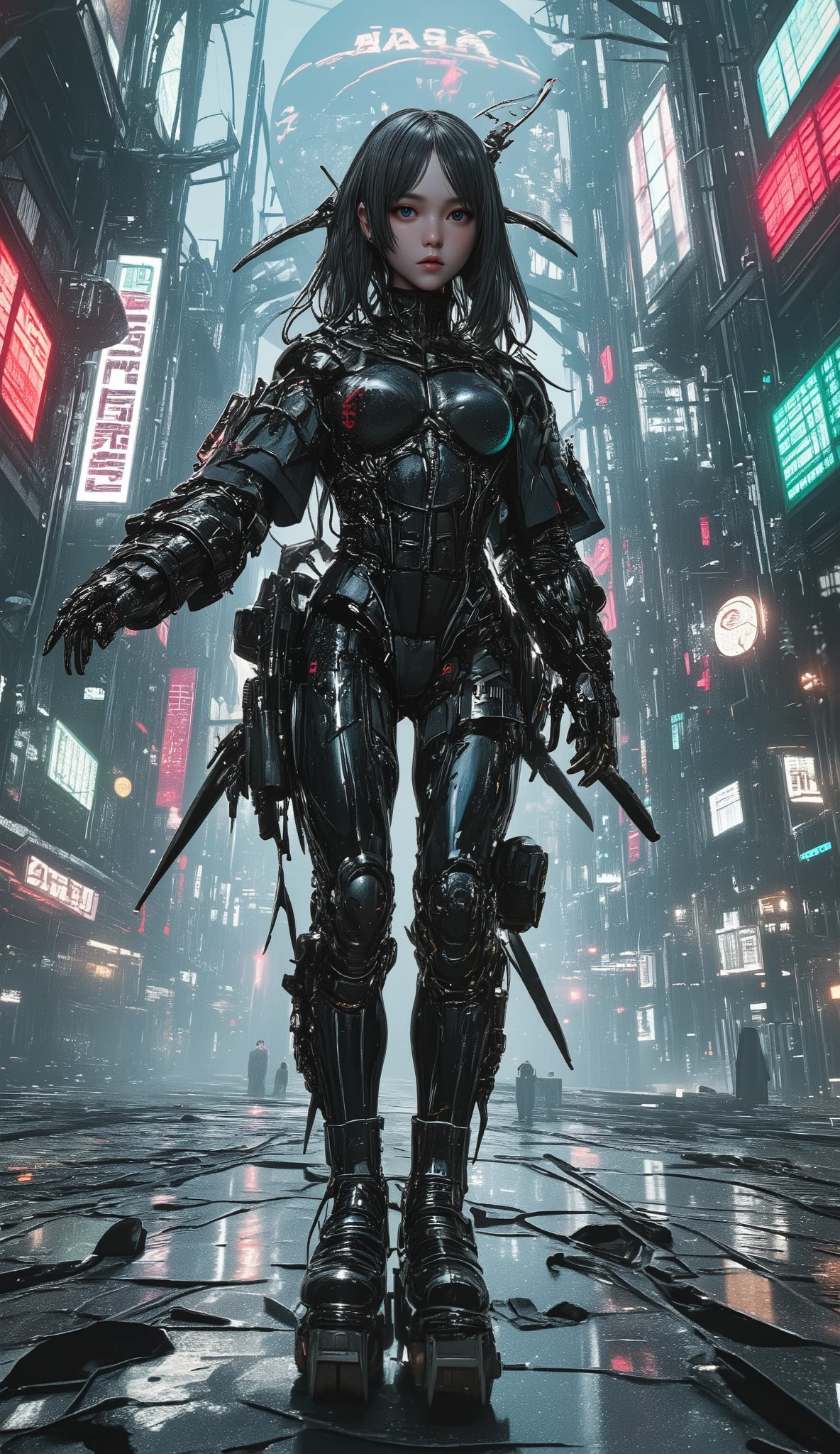 A very beautiful Japanese futurist soldier ,   Dramatic Scene , Masterpiece,  beautiful eyes, Roller skating with NASA's giant parabolic antenna , ( cyberpunk shiny and intricate mechanical hard armor suit and neon sign),  acrobatic pose,  dynamic angle, Dangerous places, ( focus on face ),