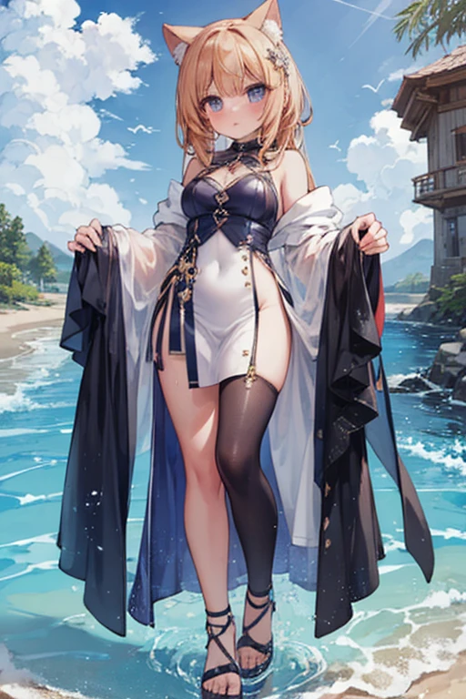 masterpiece, best quality, HD 4K, Girl, best anatomy, pretty face, pretty body, anime, anime style, eyes, nose, ear, smile, lips, neck shoulders, medieval full outfit, perfect belly, thin waist, thick legs, big thigh, background scenery, bad, beach, ship port