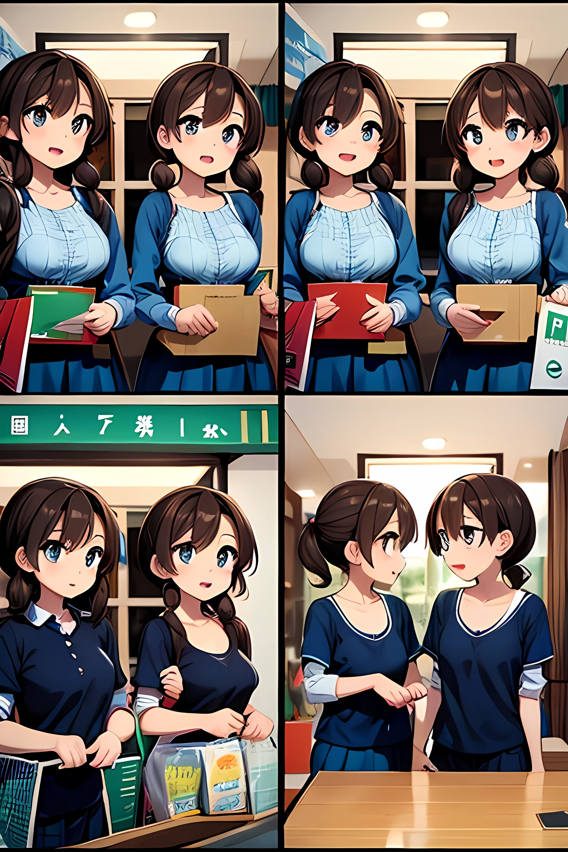 Random pose、Black Hair、Small breasts、Black Hair、Short Ponytail、Random pose、Pale purple eyes、、classroom、Blushing、Embarrassed expression、、