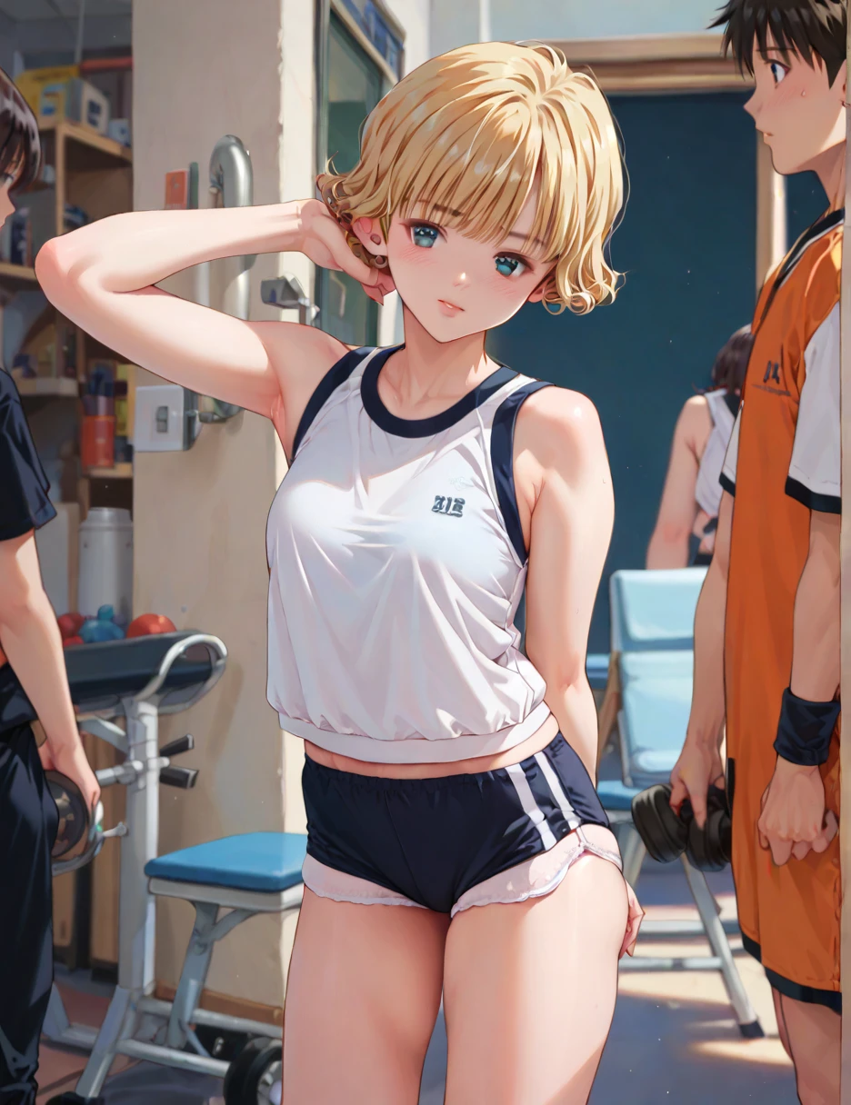 Blonde, (Curly Hair), ( very short hair :1.2),、Akiba Itsuki、Physical education class、Sportswear、 white gym clothes。Black Bloomers
