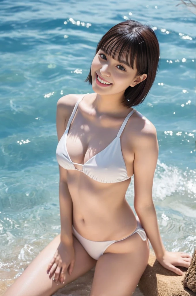 ((masterpiece、top-quality、ultra-definition、hight resolution))、4K.独奏、a beauty girl、radiant eyes、perfect eyes、Japan's beautiful sister、Blue theme、White swimsuit、side-tie bikini、White Bikini、maikurobikini、Slender and beautiful feet、The background is the sea during the day