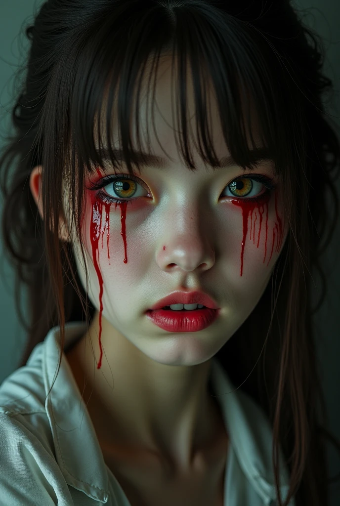 Highest quality, masterpiece, look up, cute,(Horror),(((Beautiful zombie girl))),Dead,Trying to bite,(((Bleeding,Injured))),(((Shedding tears of blood))),((口からBleeding)),((Covered in blood)),(Sexy),(sexy),((Small breasts)),Baby Face,(Middle school students),Black Hair,Half Twin,((Masturbation)),(((Blowjob))),Beautiful Style,((Pale skin)),Sensual look,Embarrassed,Sexy表情,Expressions of delight,(Dark atmosphere),(Dark atmosphere,fear),((Dim lighting))