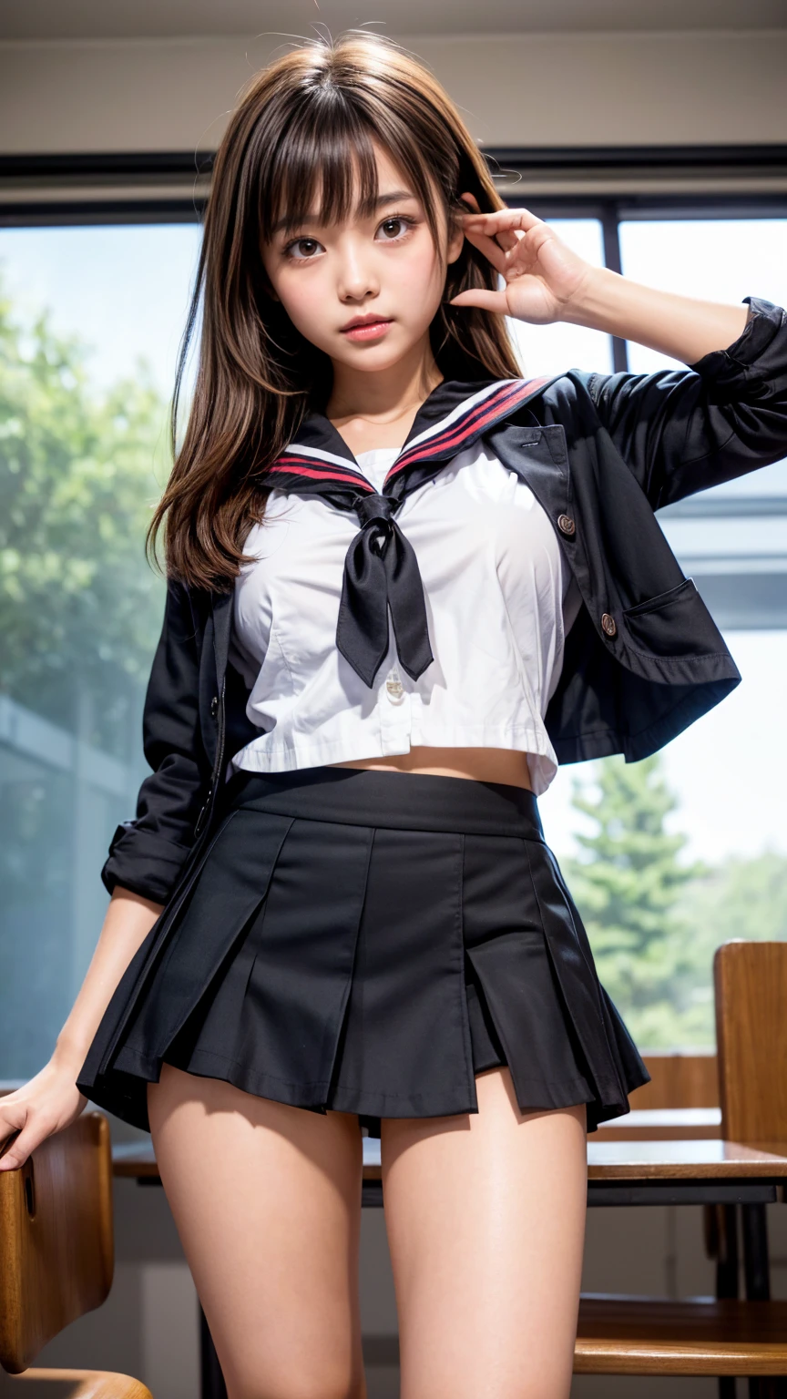 Top quality, high image, 1 woman, 18 years old, school stairs, black jacket, Medium breasts,white blouse,(plaid miniskirt), cotton panties,upskirt,from below
