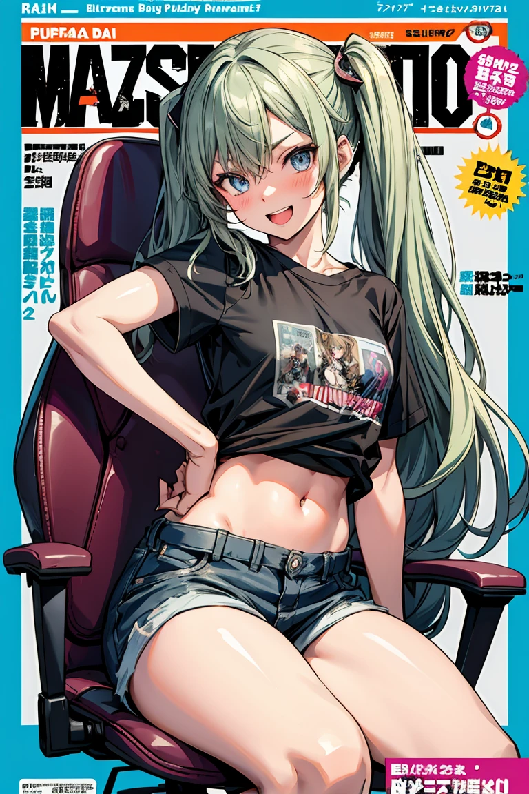 (masterpiece), (best quality), detailed, 1 girl, soro, twintails, long wavy hair twintails.hairs between eyes,dark green eyes ,dark green hair, smile, masterpiece, best quality, newest, (from below:1.2),(perky chest:1.2), (pointed chest:1.2),(from below:1.2,Best Quality),a girl , platinum color hair、bartender uniform,Purplish blue eyes that dreamers desire, ((Otaku girl)),gloomy, messy hair, hair over eyes, long hair, blushing face,armpits hair, (harf sleeve t-shirt),shorts, sitting on gaming chair, dirty room,playing PC-game,small breasts, skinny,open mouth, (otaku game magazine cover:1.3),(with sparkling eyes and a contagious smile),her thin pubic hair:1.2, looking at viewer


