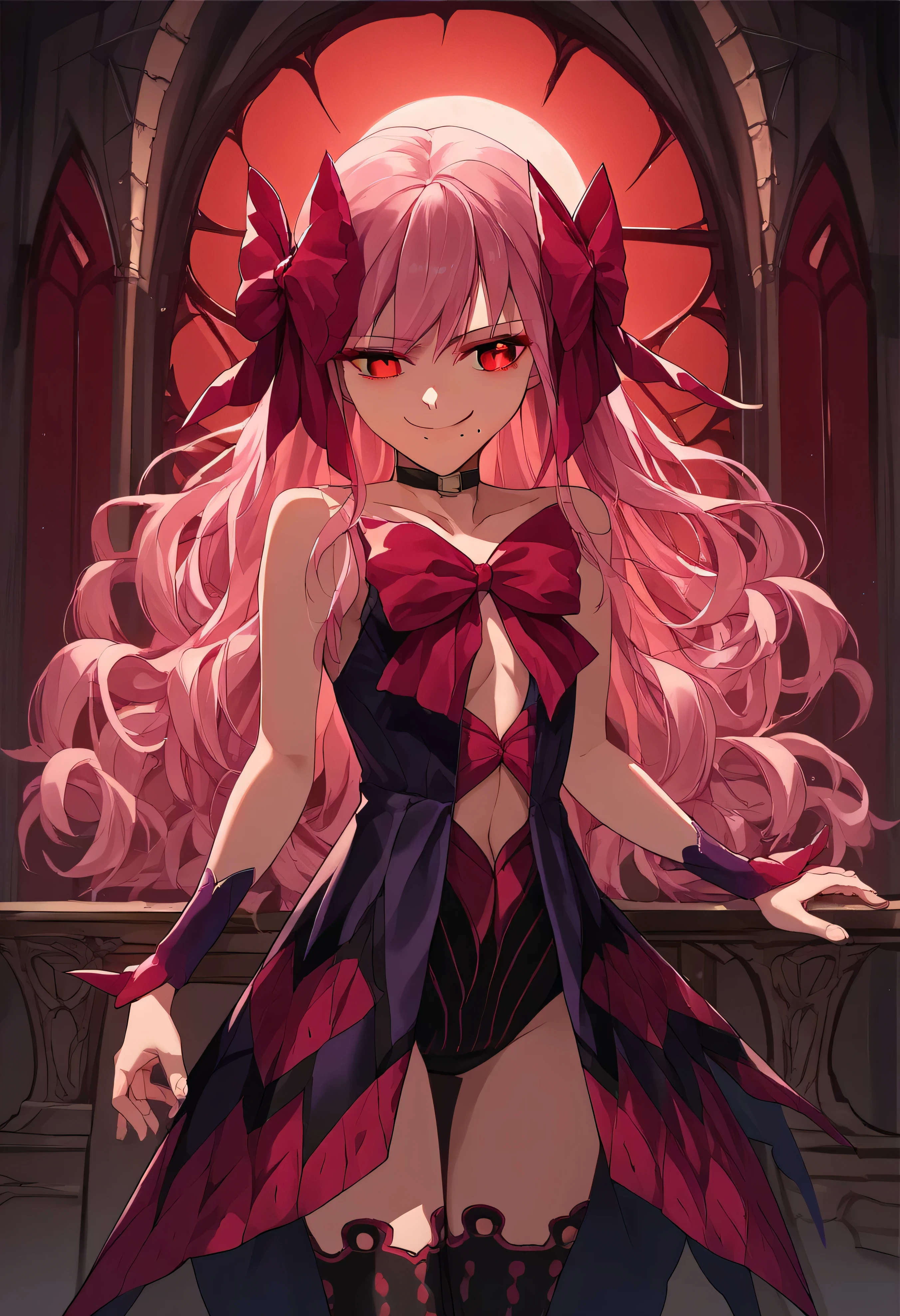 1girl, really long hair, pink hair, red eyes, mole under mouth, hair bow, choker, ribbon, leotard, center opening, bare shoulders, black thighhighs, wrist cuffs, laying, standing, cowboy shot, indoors, gothic, bedroom, castle, , red moon score_9, score_8_up, score_7_up, score_6_up, score_5_up, score_4_up, BREAK source_anime, masterpiece,,very evil smile, 