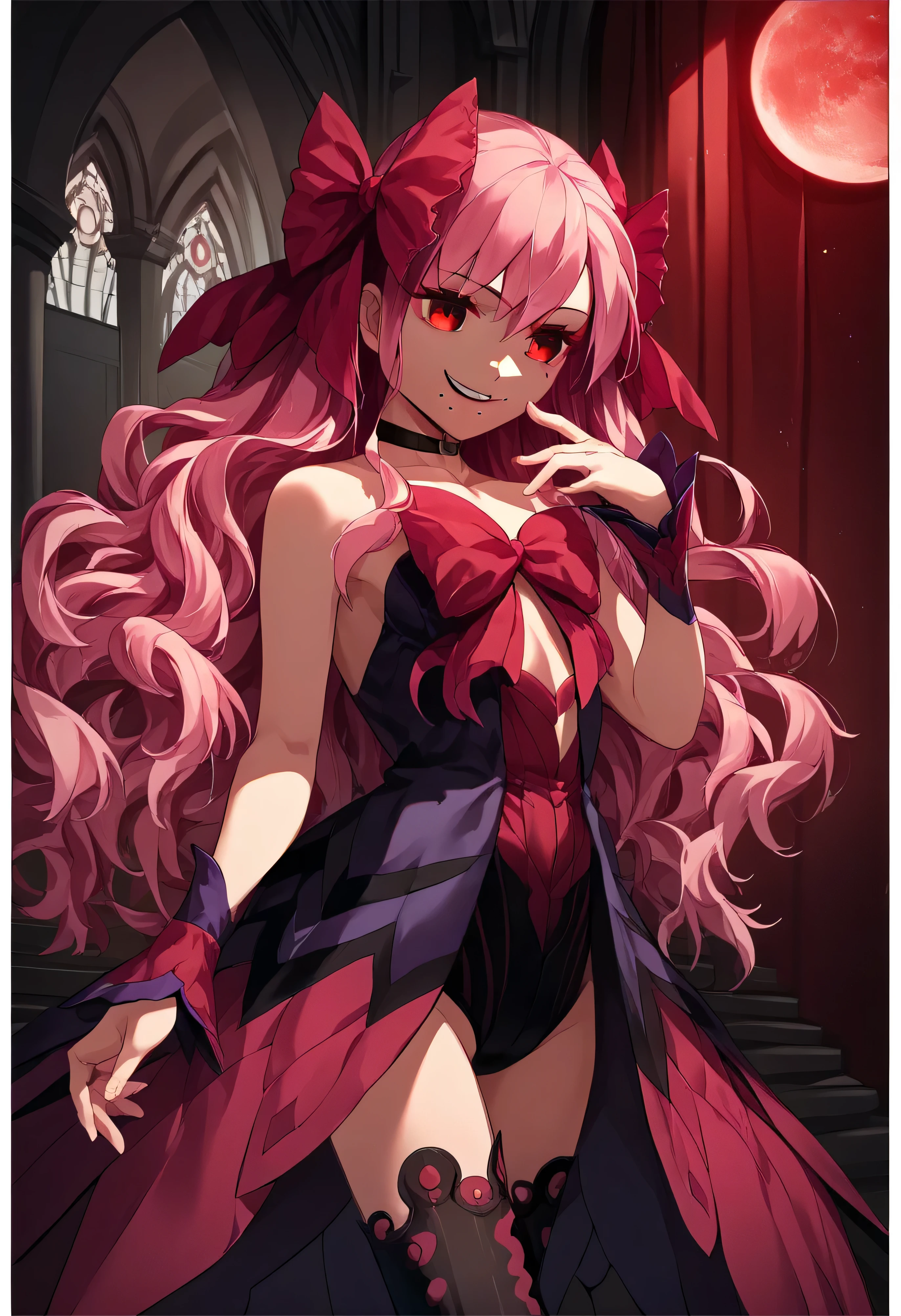 1girl, really long hair, pink hair, red eyes, mole under mouth, hair bow, choker, ribbon, leotard, center opening, bare shoulders, black thighhighs, wrist cuffs, laying, standing, cowboy shot, indoors, gothic, bedroom, castle, , red moon score_9, score_8_up, score_7_up, score_6_up, score_5_up, score_4_up, BREAK source_anime, masterpiece,,very evil smile,