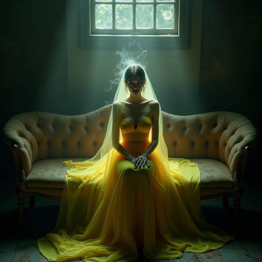 Fantasma elegant de amarelo sentada em um sofá antigo,  with cobwebs in the middle of an abandoned lounge, all realistic, elegant, dark and scary, 