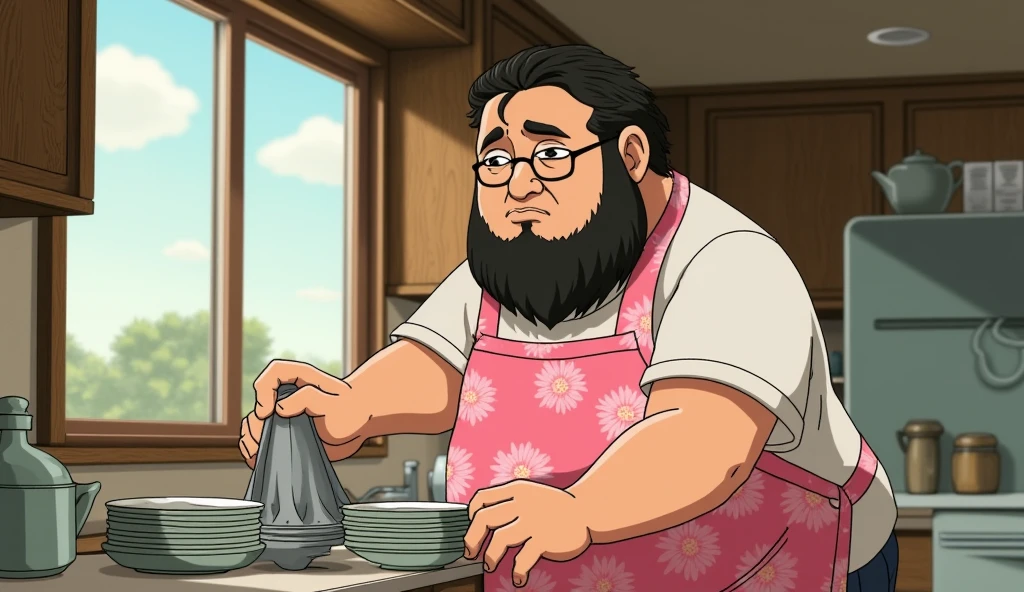 Trucker ,  is in the kitchen and washing dishes, She's wearing a pink floral apron,  wide shot ,  he has a round face , It's fat,  he has an unkempt beard and glasses, brushed hair and black , Miyazaki style 