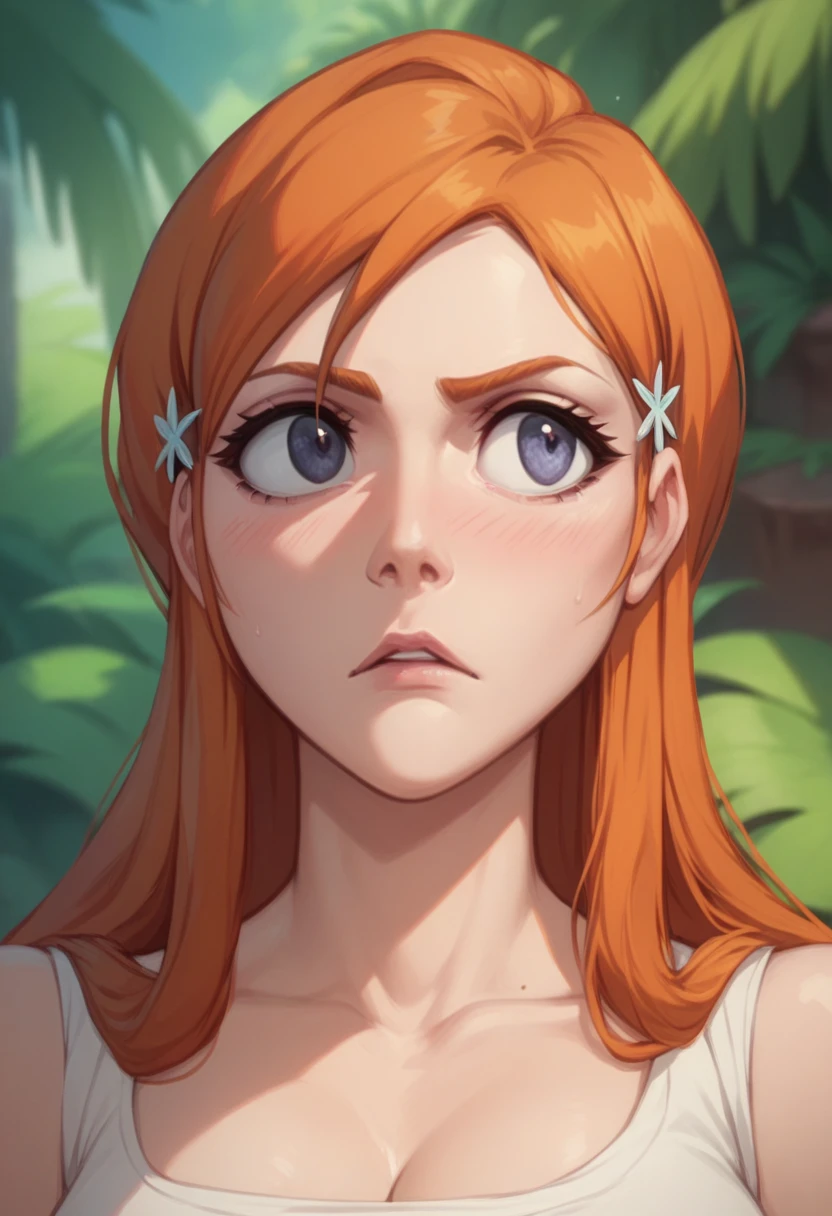 full view. Orihime walks through the jungle. It really wants to write and is looking for a suitable place in nature.  She's blushed a lot and is very confused about this fact. She wants to turn away and not look .