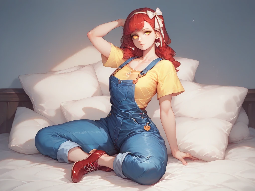  1 girl , Pale skin, หูแมวwhite, ((by//white)), 1 litlle ribbon bow red sobre el by,  yellow eyes,   yellow t-shirt , blue overalls,  medium chest , Hips high  ,  Red Shoes . 