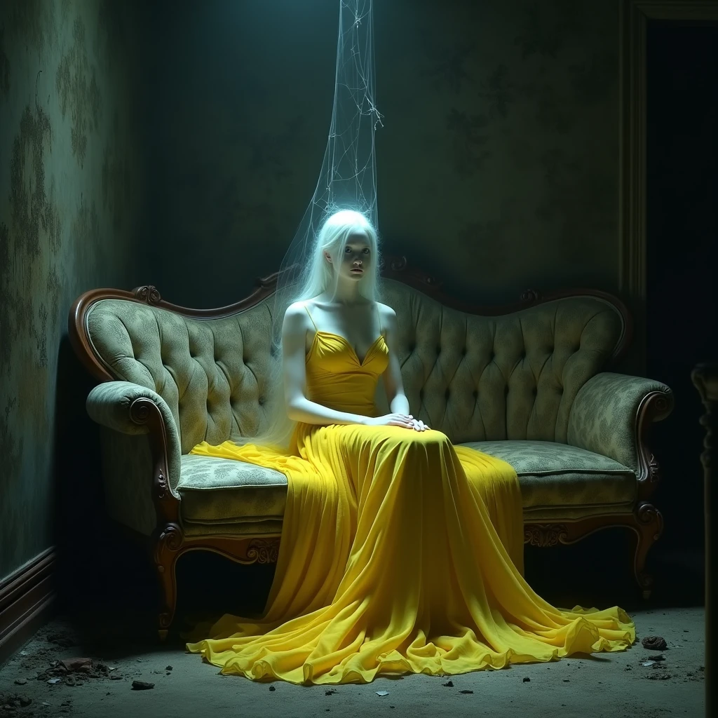 FANTASMA elegant de amarelo sentada em um sofá antigo,  with cobwebs in the middle of an abandoned lounge, all realistic, elegant, dark and scary,  dark background, 