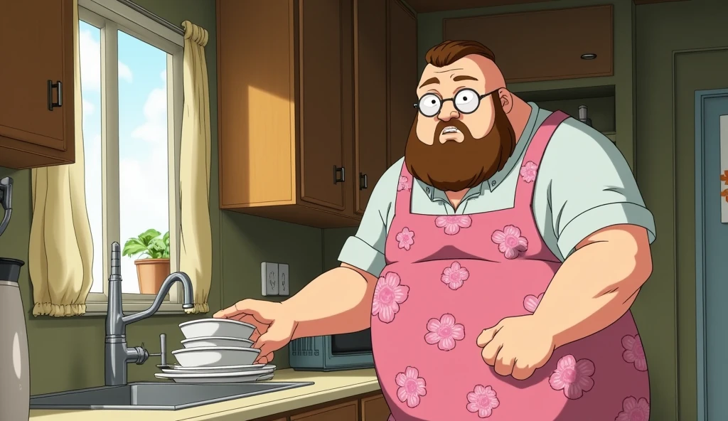 Trucker ,  is in the kitchen and washing dishes, She's wearing a pink floral apron,  wide shot ,  he has a round face ,  is sturdy ,  he has an unkempt beard and glasses, brushed hair and black , Miyazaki style 