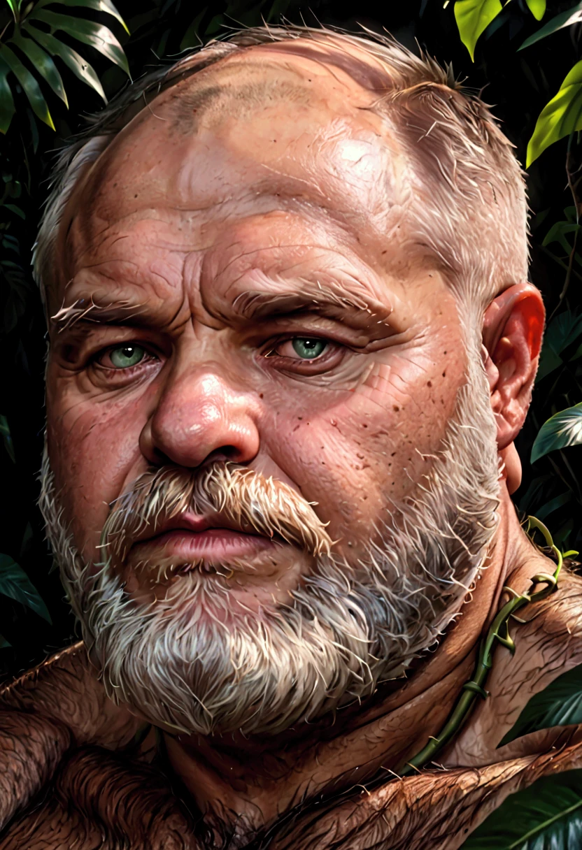 (muscular old man, chubby hairy body, beard, bald head, exposed veiny penis), lone survivor in tropical jungle, full body, detailed, cinematic lighting, ultra-realistic, 8k, hyper detailed, photorealistic, dramatic shadows, lush foliage, vines, dramatic lighting