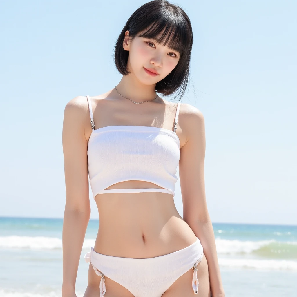  white skin，naked，completely naked， She has a bombshell body and  、Wearing a bikini ,      pretends to be a fashion model but turns pale, (   beach   ),    beautiful details  ,  face , high definition , 