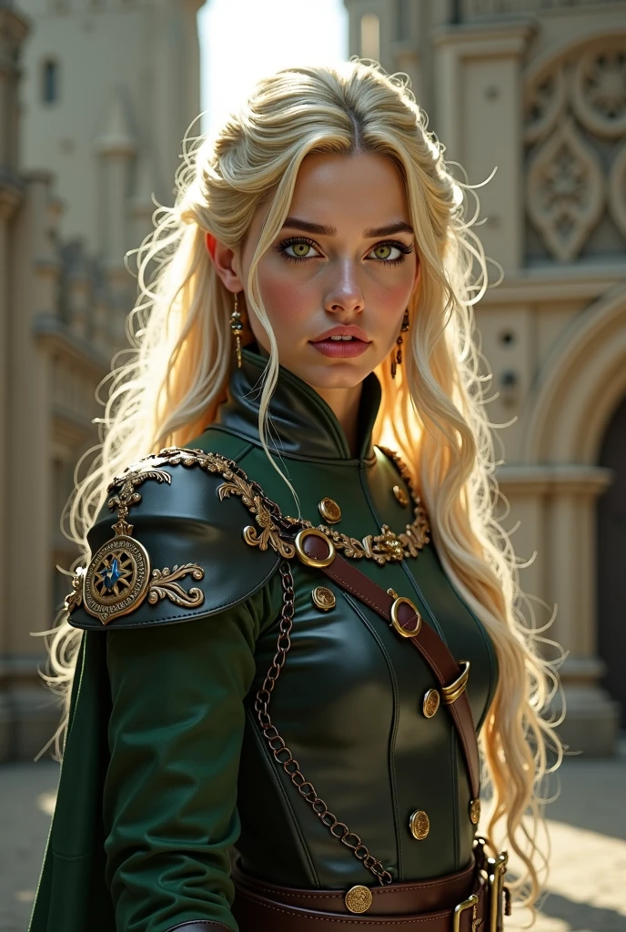  In a fantasy world ,  create a castle guard, Let her be blonde , That he has golden amber eyes, that he is smiling, make it look stoic 