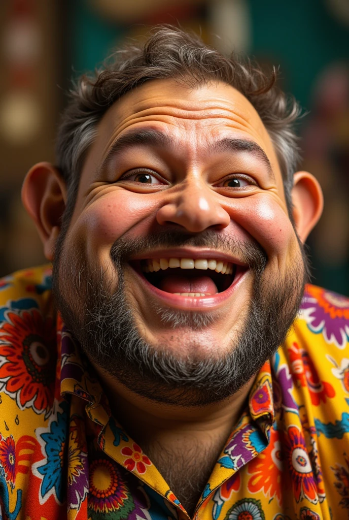 take a picture of a fat guy with a brazilian shirt sitting on a chair telling a story for the image