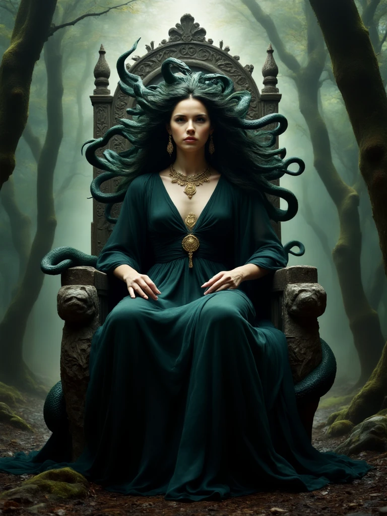 wide shot, perspective, Medusa, detailed face, her hair is composed of writhing snakes, sitting on the throne, a regal and terrifying figure, beautiful, ((flowing Grecian robe made of deep black silk with subtle green undertones)), golden snake-themed jewelry BREAK ultra high res, extremely detailed, ((raw photo, realistic, photorealistic)), deep focus, sense of depth, dark atmosphere, menacing, mystical, sense of haunting beauty BREAK in a mysterious deep dark forest, dense fog, towering twisted trees, ((several stone statues frozen mid-motion in the foreground)), dim beams of light penetrate through the forest canopy, cinematic lighting, high contrast lighting, (((masterpiece, best quality, high quality)))