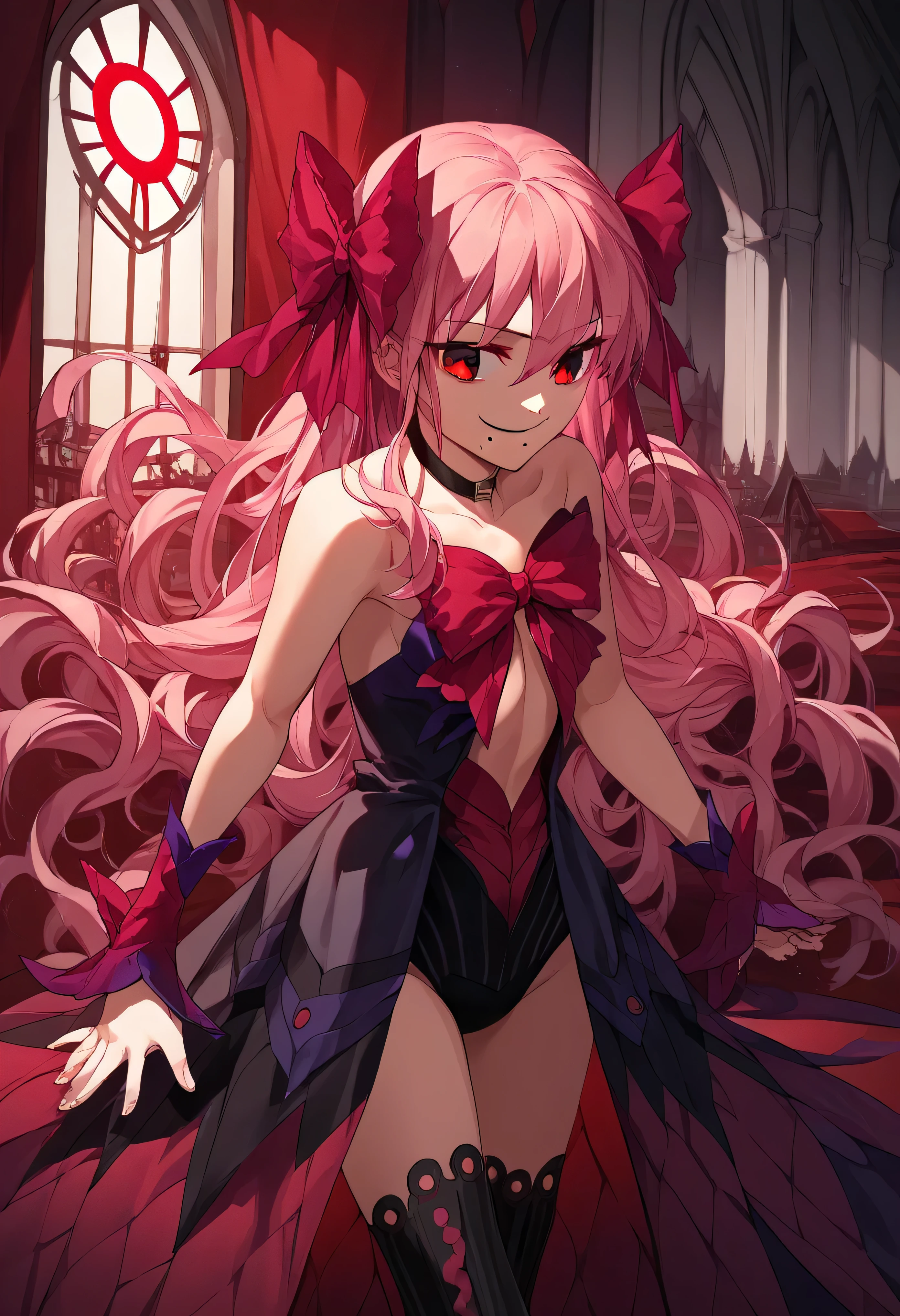 1girl, really long hair, pink hair, red eyes, mole under mouth, hair bow, choker, ribbon, leotard, center opening, bare shoulders, black thighhighs, wrist cuffs, laying, standing, cowboy shot, indoors, gothic, bedroom, castle, , red moon score_9, score_8_up, score_7_up, score_6_up, score_5_up, score_4_up, BREAK source_anime, masterpiece,,very evil smile, 