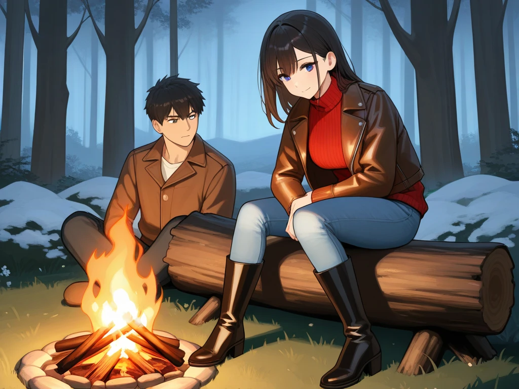 A man and woman sit side by side on a log near a campfire. The man is wearing a brown leather jacket light blue baggy jeans. While the woman leans against him.  The woman is wearing a red sweater, black pantyhouse and black thigh high boots. The atmosphere of the image is peaceful and moody. They are sitting on a log near a campfire in the forest.