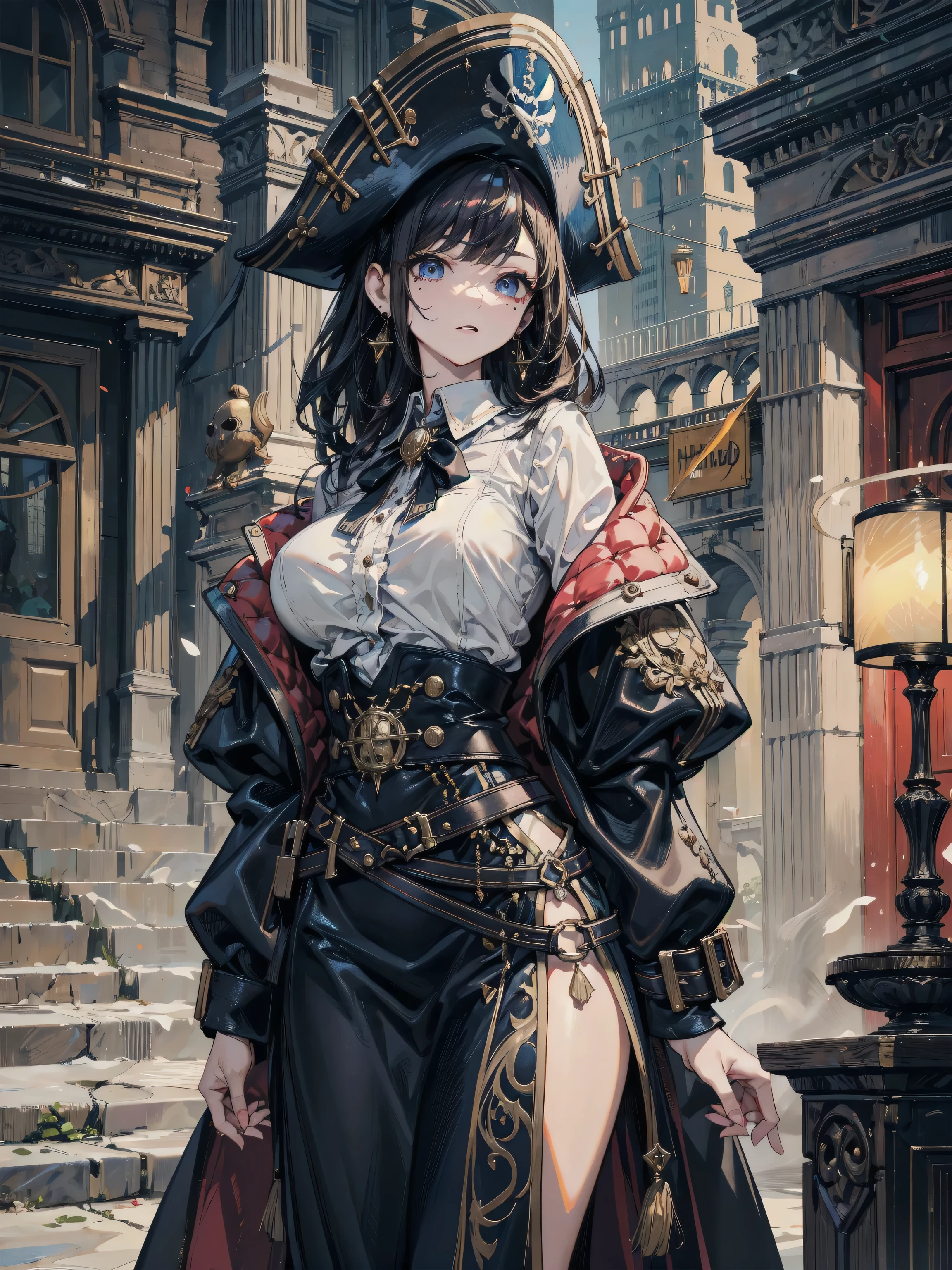 absurdres, RAW photo, extremely delicate and beautiful, masterpiece, Best Quality, ultra high resolution, 32k, hyperrealistic, ultra-detailed, perfect anatomy, anatomically correct, perfect figure, Perfect Style, Perfect balance, super Detailed skin, in her 30s, very Slim body, narrow waist, very small head, very small face, delicate facial features, handsome detailed woman, very detailed eyes and face, realistic face proportions, Realistic beautiful face, Realistic beautiful eyes, tearful mole, earring, big tits, full body shot, bare legs, medium hair, indoor, Legendary Pirate costume, Practical pirate clothing, Long-sleeved pirate top, Skirt, shirt, Torn pirate hat,
