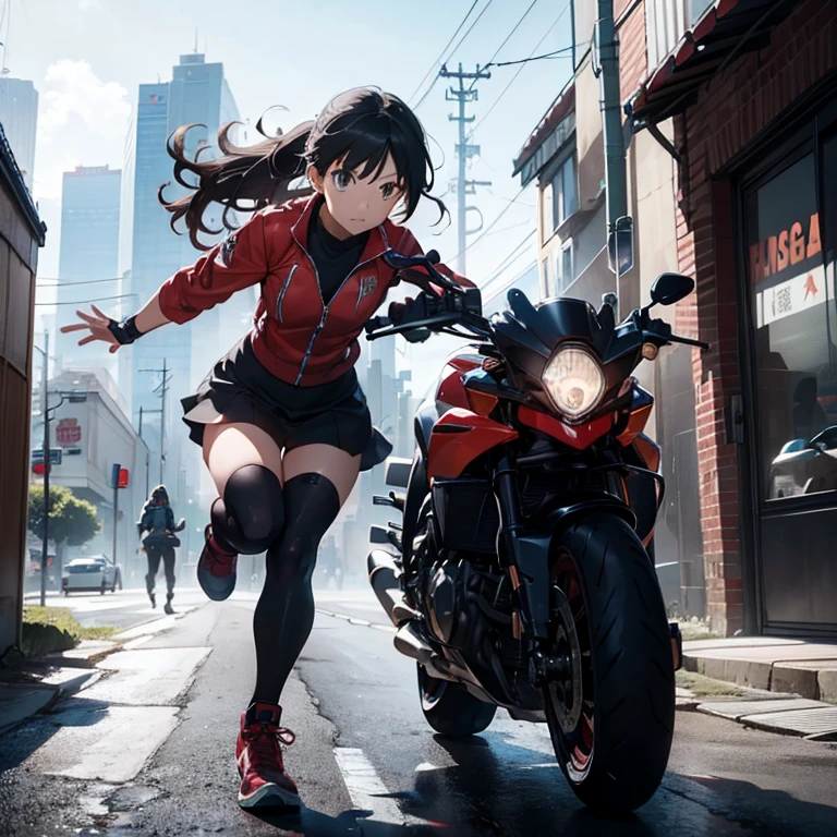 Akira_A woman runs away from the monsters on a motorbike。