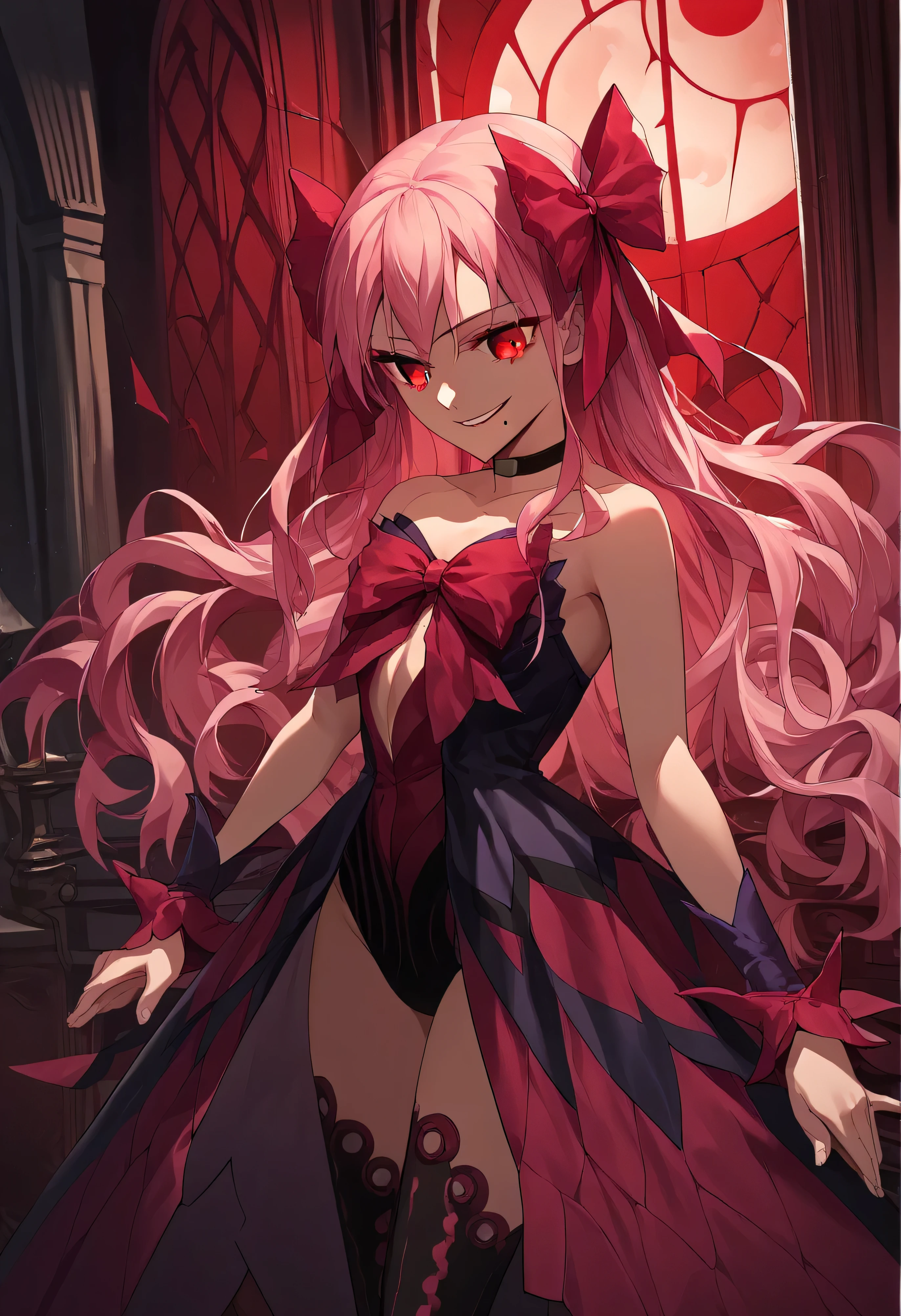 1girl, really long hair, pink hair, red eyes, mole under mouth, hair bow, choker, ribbon, leotard, center opening, bare shoulders, black thighhighs, wrist cuffs, laying, standing, cowboy shot, indoors, gothic, bedroom, castle, , red moon score_9, score_8_up, score_7_up, score_6_up, score_5_up, score_4_up, BREAK source_anime, masterpiece,,very evil smile,best