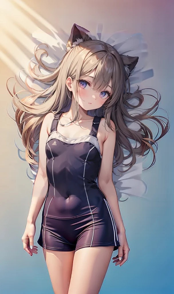 ((Masterpiece)), ((best quality)), (ultra-detailed), ((kawaii)), ((extremely detailed)), 4K, (8K), (super detail:1.2),(High Definition:1.3), (Professional Photography:1.2), from above, (wide shot), cinematic lighting, (sharp focus), (perfect light), ((1girl)), ((12 years old)), put on cat ears, cute young girl, ((Embroidered cute tanktop)), cute dolphin shorts, (Very grin), (Beautiful brown eyes), (small chest), (bare arms), cute navel, Healthy skin, (Healthy slim body), (loose blunt bangs), silky and straight hair, (medium hair), ((pale brown hair)), BREAK, ((best quality)), ((extremely detailed)), Reaching out hand, ((lie on your back)), (Checkerboard check Pattern Background:1.3), Checkerboard check floor,