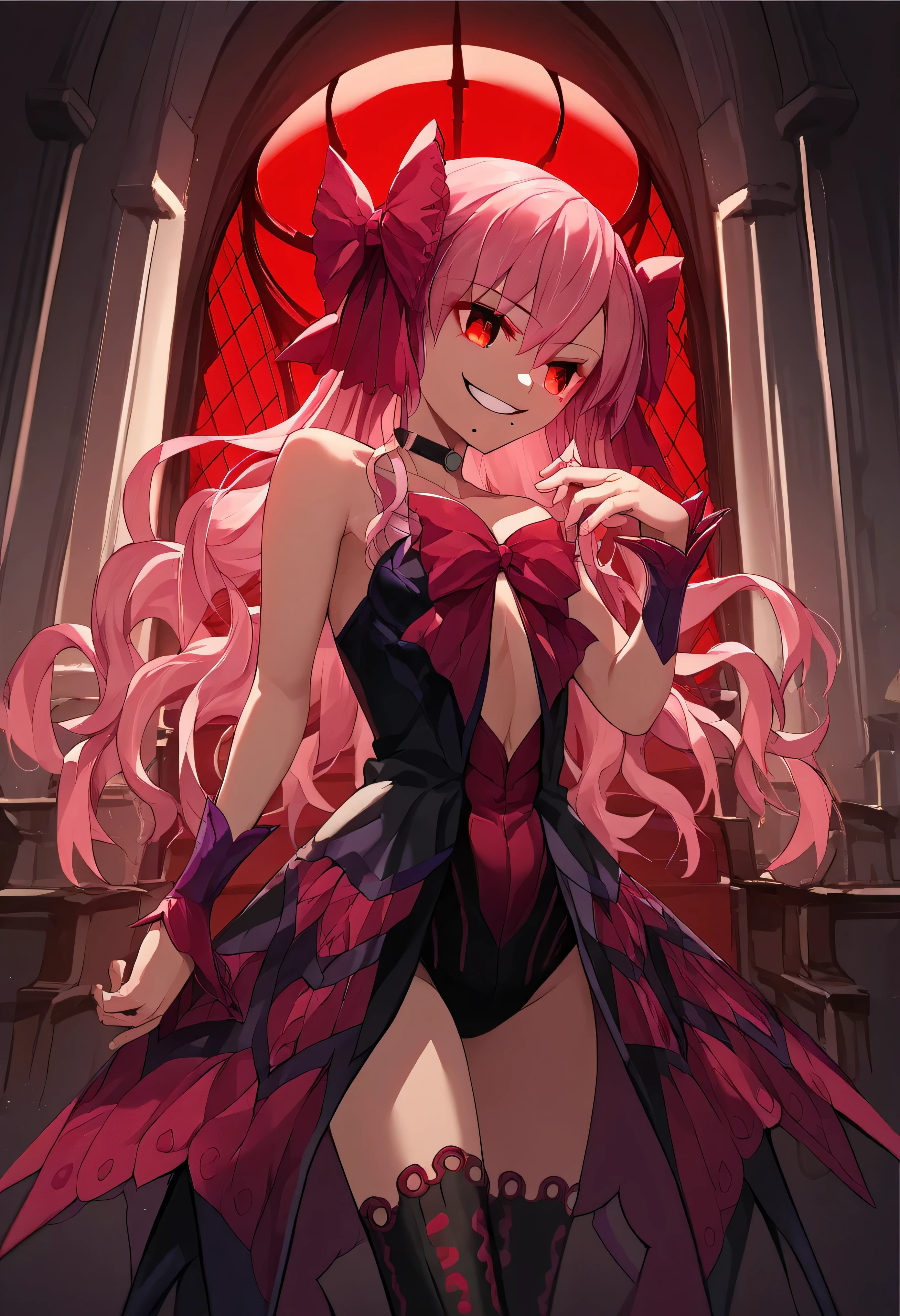 1girl, really long hair, pink hair, red eyes, mole under mouth, hair bow, choker, ribbon, leotard, center opening, bare shoulders, black thighhighs, wrist cuffs, laying, standing, cowboy shot, indoors, gothic, bedroom, castle, , red moon score_9, score_8_up, score_7_up, score_6_up, score_5_up, score_4_up, BREAK source_anime, masterpiece,,very evil smile,best