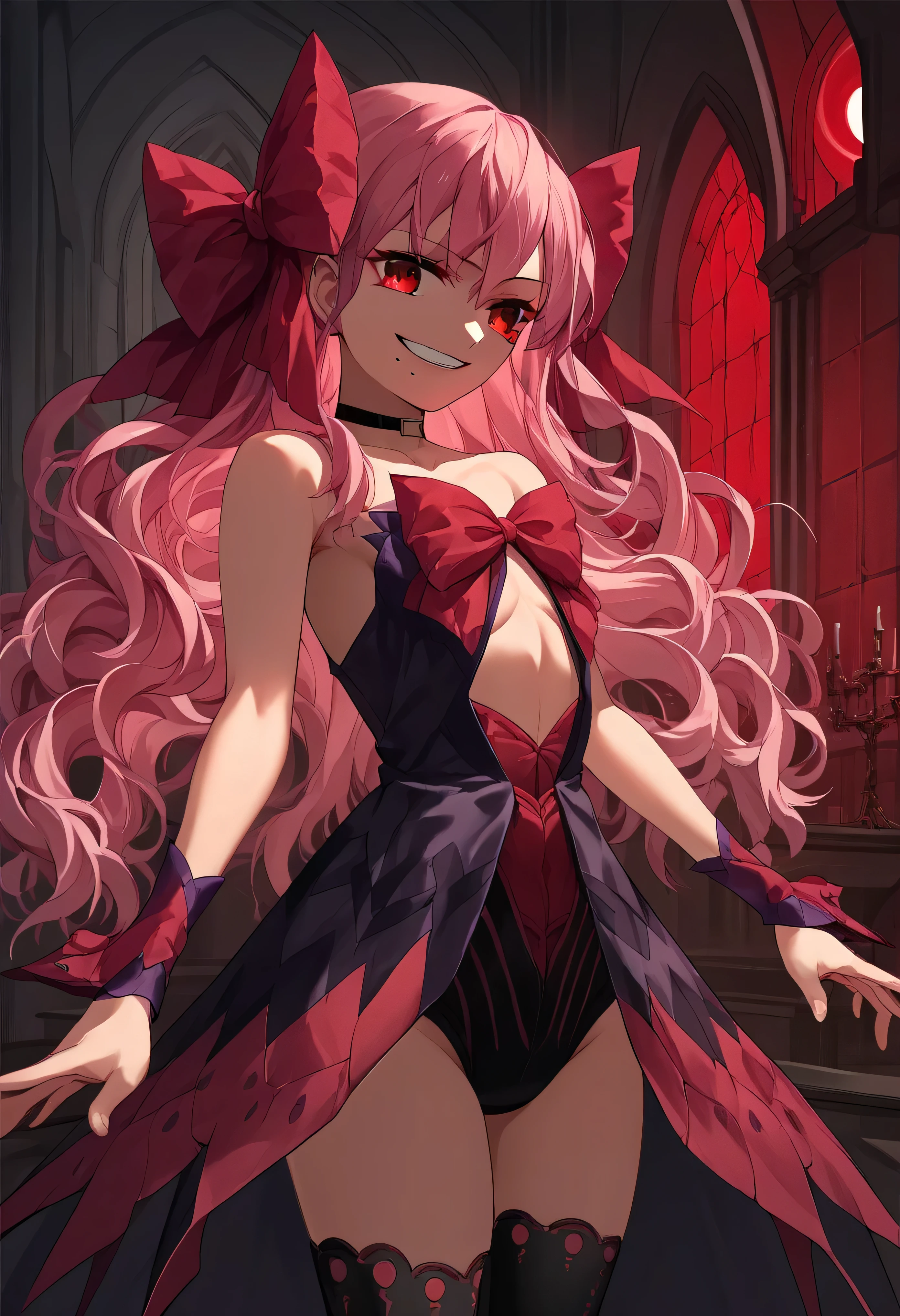 1girl, really long hair, pink hair, red eyes, mole under mouth, hair bow, choker, ribbon, leotard, center opening, bare shoulders, black thighhighs, wrist cuffs, laying, standing, cowboy shot, indoors, gothic, bedroom, castle, , red moon score_9, score_8_up, score_7_up, score_6_up, score_5_up, score_4_up, BREAK source_anime, masterpiece,,very evil smile,best