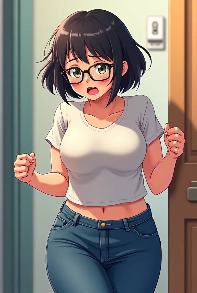 nsfw,highest quality,(8K Portrait),(Official Art)、obesity、((short hair))、blush,((Black Hair)),(Sweat),Black knee socks、One Woman,((:teeth))、hot、Office Room、Glasses、Thick thighs, How stupid, liar, Open legs, detalled, Down the Out、(Dynamic pose)、teethらしない身体、Dynamic Angle、High neck、Bottomless、Overflowing Sex Fluids、Captivating thighs, ((Embarrassing, tears)), Are standing, (((Leaning forward), Take off, Raise one leg, Pull on white panties:1.5、Pulling down her panties:1.5)), (Beautiful views), locker room, 8k, highest quality, Masterpiece:1.2, Very detailed), (Realistic), Beautiful illustrations, Natural light, whole body,
