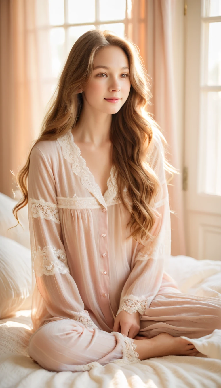 A serene and soft portrait of a young woman, full body, with long, wavy, light brown hair. natural medium big breast. She is facing to the right, gazing off into the distance with a calm and thoughtful expression. The lighting is natural and soft, creating a gentle glow on her face. She is wearing a light-colored, loose-fitting blouse with floral embroidery on the sleeves. wear white sandals. The background is blurred, with a cool, muted color palette, adding to the peaceful and contemplative mood of the scene.