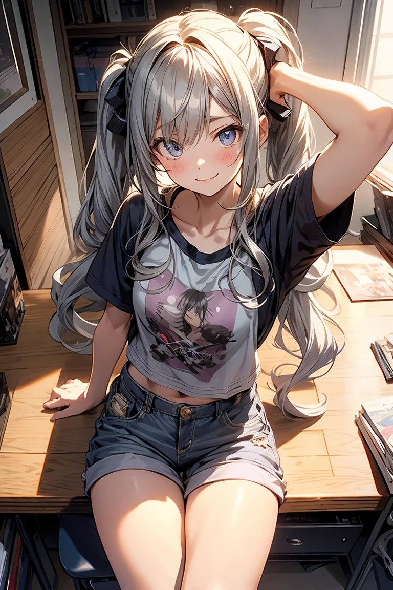 (masterpiece), (best quality), detailed, 1 girl, soro, twintails, long wavy hair twintails.hairs between eyes,dark green eyes ,dark green hair, smile, masterpiece, best quality, newest, (from below:1.2),(perky chest:1.2), (pointed chest:1.2),(from below:1.2,Best Quality),a girl , platinum color hair、bartender uniform,Purplish blue eyes that dreamers desire, ((Otaku girl)),gloomy, messy hair, hair over eyes, long hair, blushing face,armpits hair, (harf sleeve t-shirt),shorts, sitting on gaming chair, dirty room,playing PC-game,small breasts, skinny,open mouth, (otaku game magazine cover:1.3),(with sparkling eyes and a contagious smile),her thin pubic hair:1.2, looking at viewer


