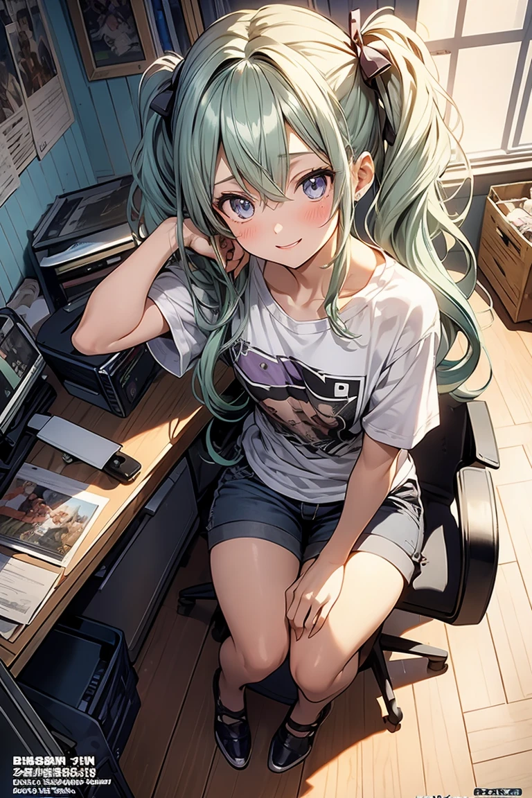 (masterpiece), (best quality), detailed, 1 girl, soro, twintails, long wavy hair twintails.hairs between eyes,dark green eyes ,dark green hair, smile, masterpiece, best quality, newest, (from below:1.2),(perky chest:1.2), (pointed chest:1.2),(from below:1.2,Best Quality),a girl , platinum color hair、bartender uniform,Purplish blue eyes that dreamers desire, ((Otaku girl)),gloomy, messy hair, hair over eyes, long hair, blushing face,armpits hair, (harf sleeve t-shirt),shorts, sitting on gaming chair, dirty room,playing PC-game,small breasts, skinny,open mouth, (otaku game magazine cover:1.3),(with sparkling eyes and a contagious smile),her thin pubic hair:1.2, looking at viewer


