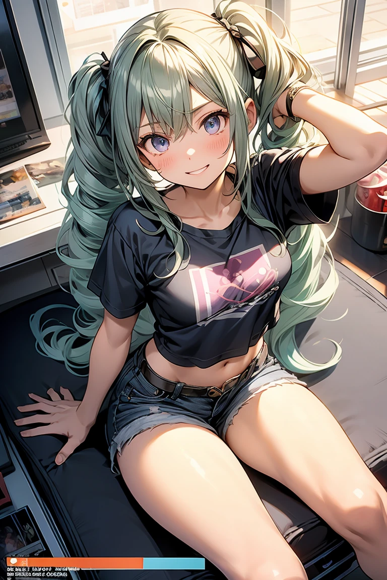 (masterpiece), (best quality), detailed, 1 girl, soro, twintails, long wavy hair twintails.hairs between eyes,dark green eyes ,dark green hair, smile, masterpiece, best quality, newest, (from below:1.2),(perky chest:1.2), (pointed chest:1.2),(from below:1.2,Best Quality),a girl , platinum color hair、bartender uniform,Purplish blue eyes that dreamers desire, ((Otaku girl)),gloomy, messy hair, hair over eyes, long hair, blushing face,armpits hair, (harf sleeve t-shirt),shorts, sitting on gaming chair, dirty room,playing PC-game,small breasts, skinny,open mouth, (otaku game magazine cover:1.3),(with sparkling eyes and a contagious smile),her thin pubic hair:1.2, looking at viewer


